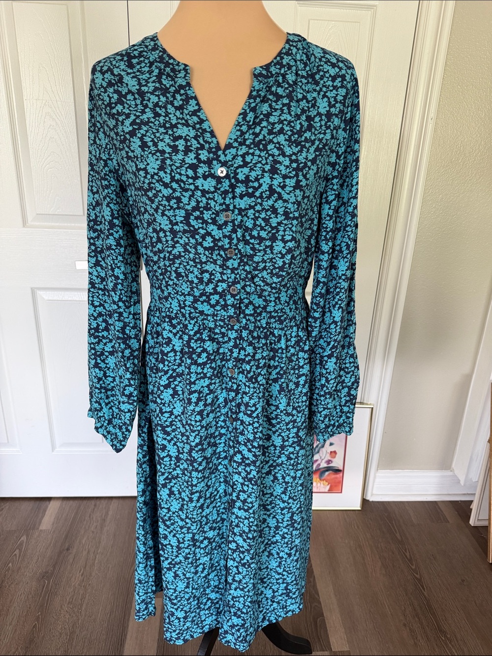 LOFT Teal Floral Long-Sleeve Midi Dress